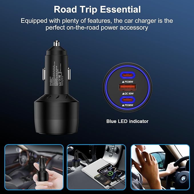 Super Fast Type C Car Charger for Samsung Galaxy S26 S25 Ultra A17 A16 iPhone 17 Pro Max 17e Pixel 10a 10 9 Pro Android USB-C&USB-A 3 Port PD36W with QC30W Car Phone Charger Cigarette Lighter Adapter