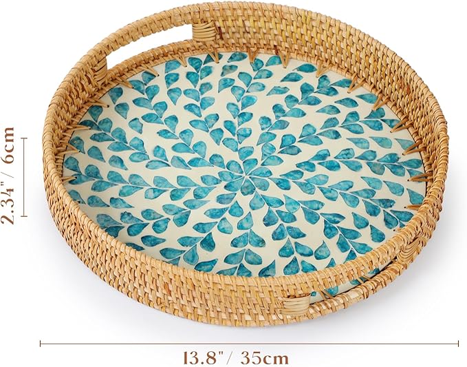 YANGQIHOME Round Rattan Tray with Handle, Mother of Pearl Inlay Decorative Wicker Basket for Coffee, Bread, Fruits, Serving Tray for Home Decor, Blue Clover
