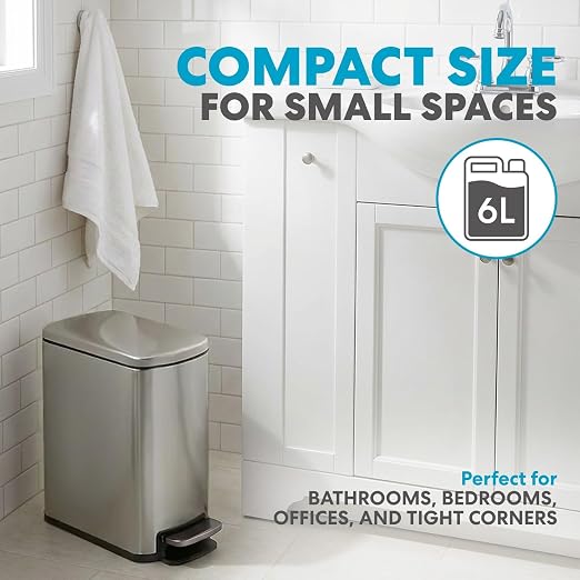 SIMPLI-Magic 6L/1.6G Stainless Steel Bathroom Trash Can with Hands-Free Foot Pedal, Quiet Soft-Close Lid, Compact Space-Saving Size