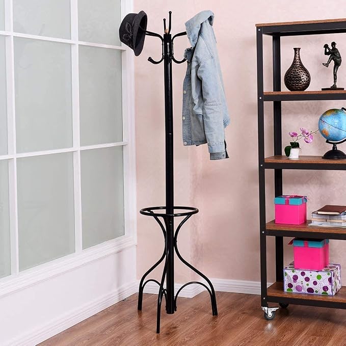 LDAILY Moccha Standing Coat Rack, Metal Frame, Study Portable Free Standing Entryway Hat Coat Jacket Umbrella Holder, Hanger with Base Coat Tree Stand, Black