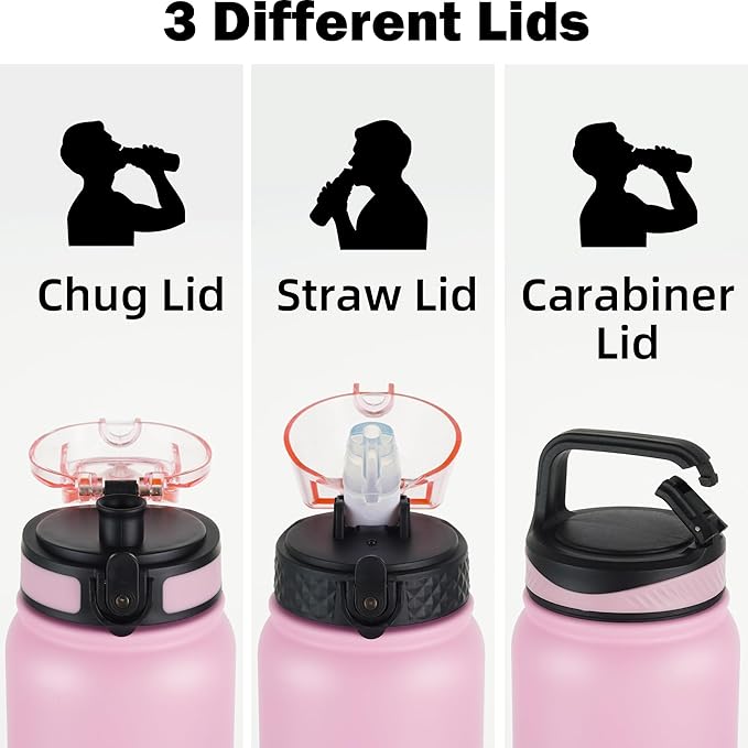 OLDLEY Insulated Water Bottle 32oz Water Bottles with Straw, Stainless Steel Water Bottle with 3 Lids, Double Wall Vacuum Bottles for Adult Kids, Sports Bottles for School Travel,Ombre Pink-Purple
