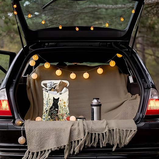 Black Cat Wildflower Print Car Trash Bag Portable Hanging Garbage Bag with Snap Buttons Back Seat Rubbish Storage Dustbin for Women Man Car Interior Accessories Kitchen Home Travel