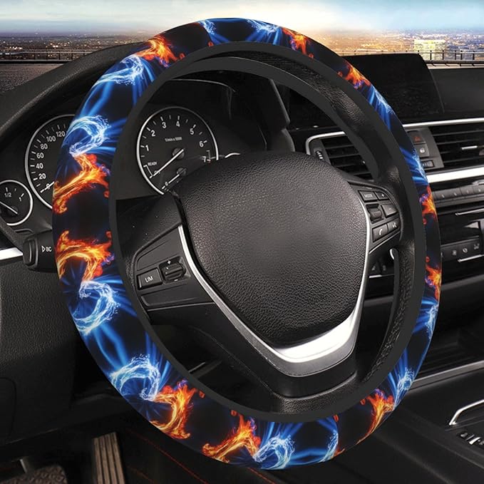 Fire Water Heart Universal Fit Steering Wheel Cover for Car, Truck, and SUV, Durable Steering Wheel Protection