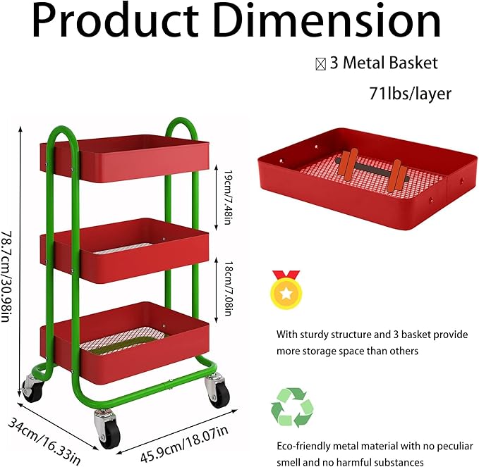 3-Tier Utility Rolling Cart,Kitchen Storage Carts with Wheels,Metal Rolling Cart for Office,Home,Kitchen,Garden（13.4"x18.1"x31"） Red+Green