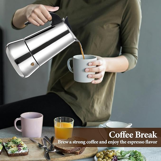 9 Cup Moka Pot Percolator Italian Coffee Maker 450ml Stovetop Espresso Mocha Stainless Steel Greca Coffee Maker Classic Cafe Makers Suitable for Induction Cookers Ceramic Stoves Tummy