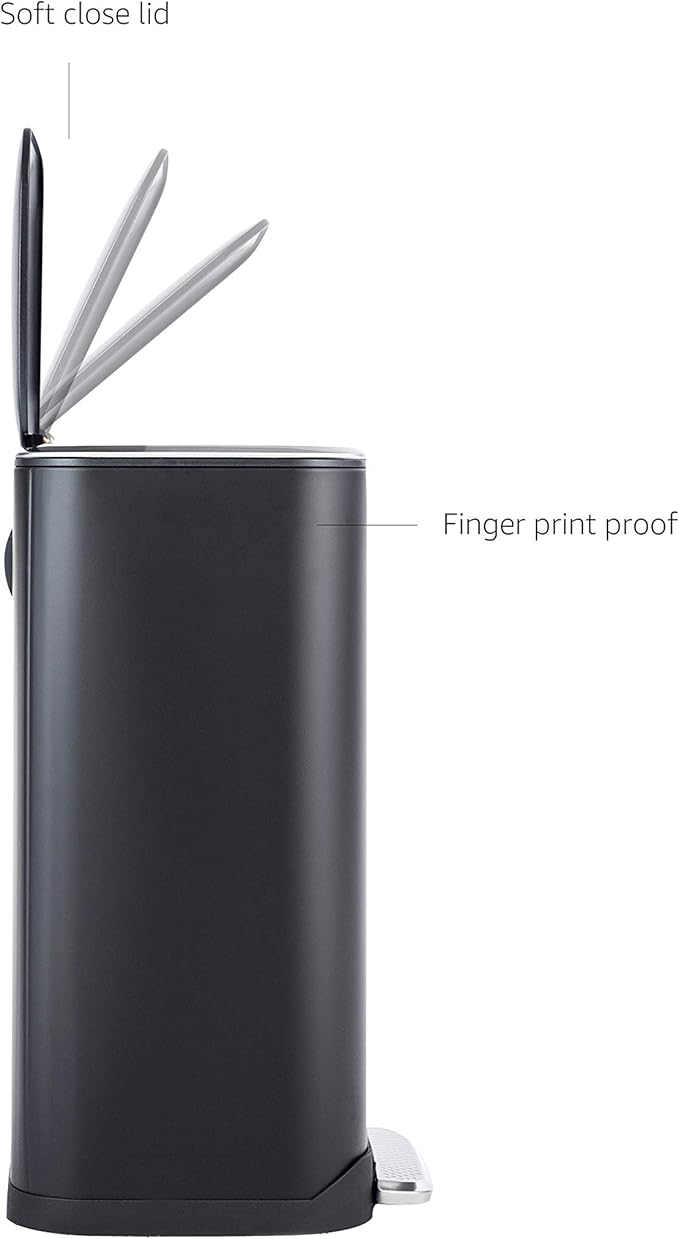 Amazon Basics Rectangular Metal Trash Can With Soft-Close Foot Pedal, Fingerprint Resistant, Removable Inner Bucket, 32 liter/8.5 gallon, Black, 14"L x 14"W x 25.3"H