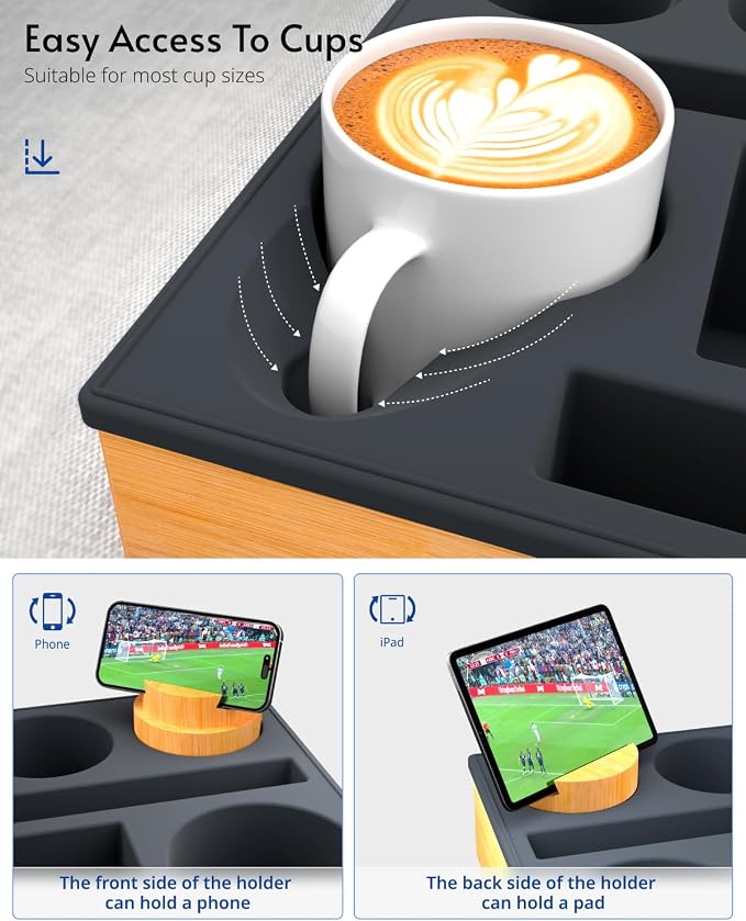 Couch Cup Holder Tray - Couch Organizer Caddy, Silicone Beach Caddy with Cup Holder, Sofa and Bed Drink Holder and Couch Tray Table for Snacks Beverage Remote (Black)