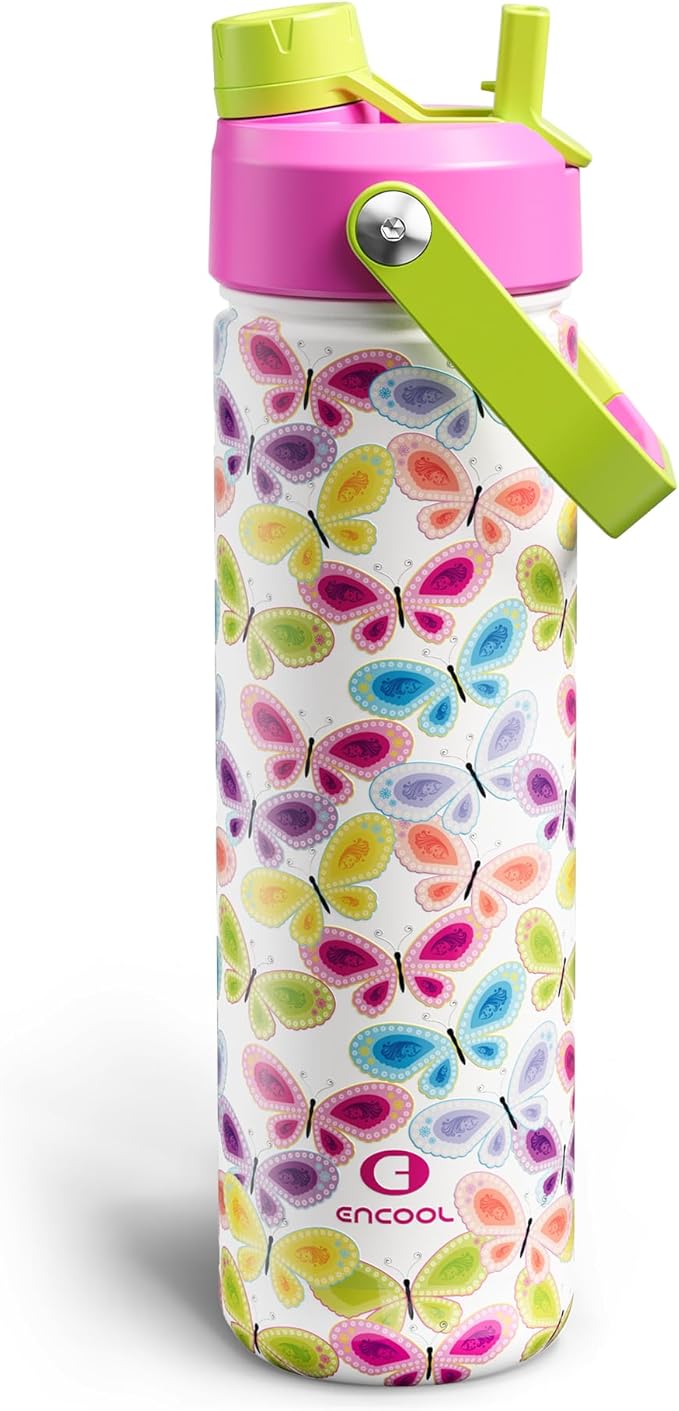 ENCOOL Insulated Water Bottle with Straw Stainless Steel Water Bottle, Leak-Proof, BPA-Free, Double Wall Vacuum Keeps Cold for 24 Hours for Sports, Travel, School (26 oz, Rainbow Butterfly)