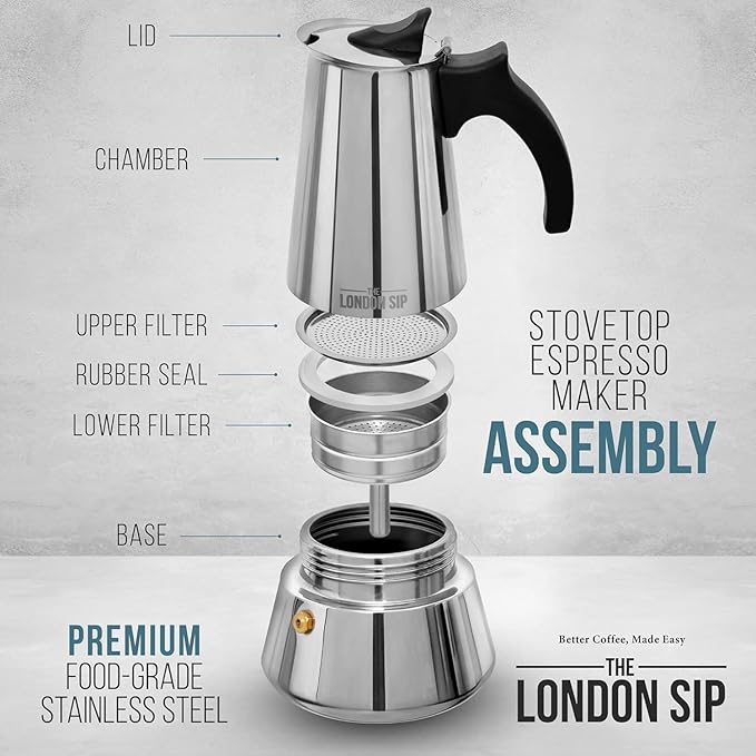 London Sip Stainless Steel Stovetop Espresso Maker Moka Pot Italian Coffee Percolator, Matte Black, 3 Cup