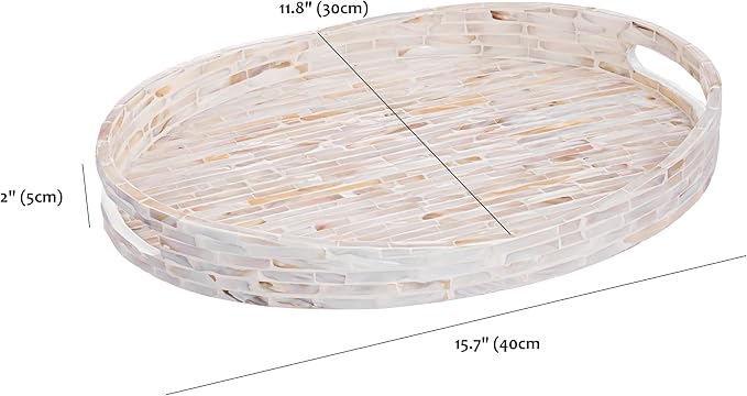 PEMAR 15.7"x11.8" Oval Mother of Pearl Serving Tray, Decorative Ottoman Tray for Living Room, Coffee Table, Breakfast in Bed, Candle Display (White Cream)