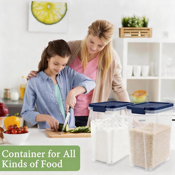 Tight-Lock Rice Container 10-15 Lbs - Airtight Flour Container with Scoop - Plastic Food Storage Container for Cereal, Sugar - Dry Food Dispenser for Kitchen, Pantry Organizers and Storage - Dark Blue