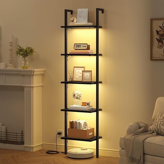 Tajsoon 5 Tier Ladder Shelf with Light, Wooden Wall Mounted Book Shelf, Ladder Bookshelf with Metal Frame, Wall Mounted Ladder Bookshelf for Office, Living Room, Bedroom, Black