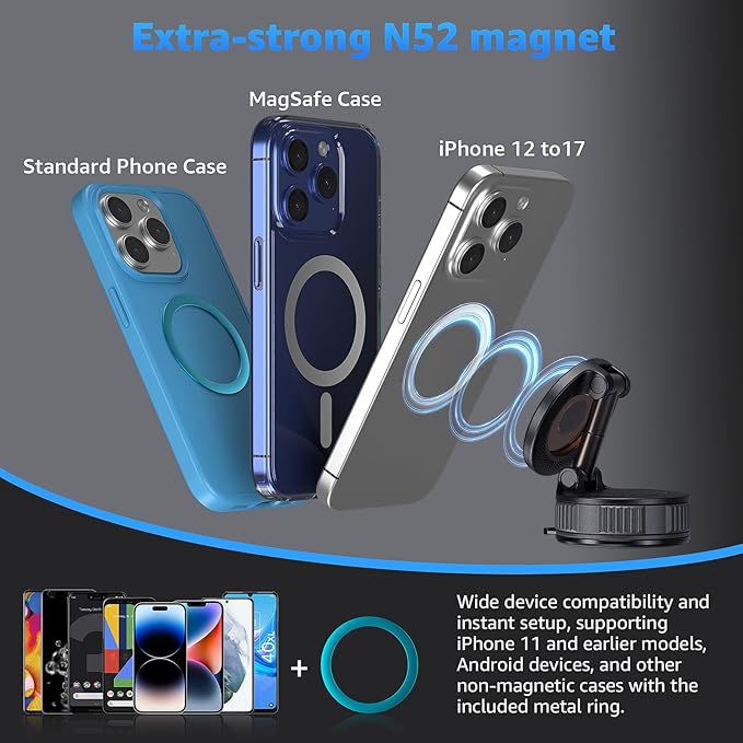 Upgraded Vacuum Magnetic Phone Holder For Car,360° Adjustable Suction Cup Phone Mount For Magsafe,92lbs Foldable Cellphone Holder For Car/Gym/Mirror/Kitchen With Iphone Android And All Smartphones
