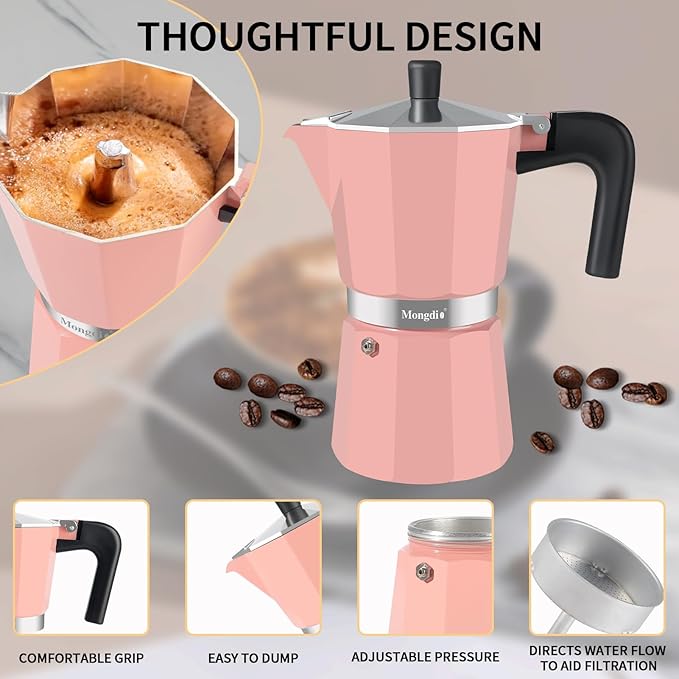 Mongdio Stovetop Espresso Maker Moka Pot, Stove Top Cuban Coffee Maker, Italian Greca Mocha Pot, 12 Espresso Cups, 20 oz - Pink