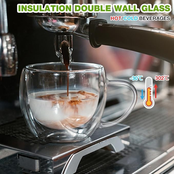 Double Walled Glass Coffee Mugs Set of 2, 8 oz Hand Blown Insulated mugs with Handle, Clear Coffee Mugs for Cappuccino, Latte, Espresso, Americano, Tea Bag, Beverage Glasses Heat Resistant Coffee Cups
