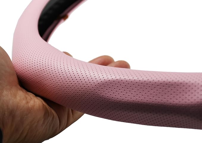 Quick Install Sporty Perforated Pink Nappa Leather Steering Wheel Cover Universal fit 14½" to 15" Car SUV Pickup 14.5 to 15 inches Napa