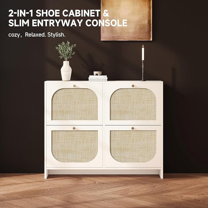 Nicetree Freestanding Ultra Slim Arched Rattan Accent Shoe Storage Cabinet for Entryway - 4 Flip Drawers & 3-Tier Adjustable Shelves, Farmhouse Modern Rustic Shoe Rack for Hallway Foyer,Cloud White