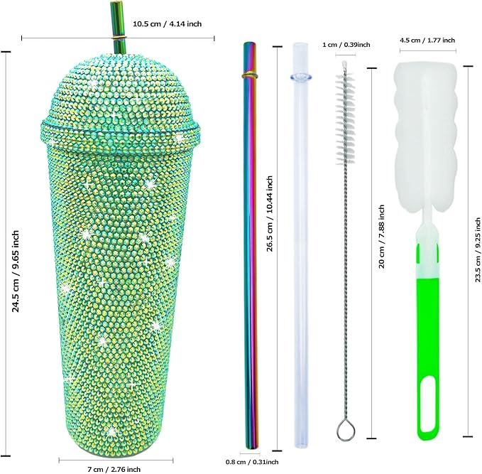 24oz Bling Cup Handmade Rhinestones Studded Tumbler Double Wall Insulated Plastic Reusable Water Bottle with Lid and Straws for Home Office Party Beach(Light Green)