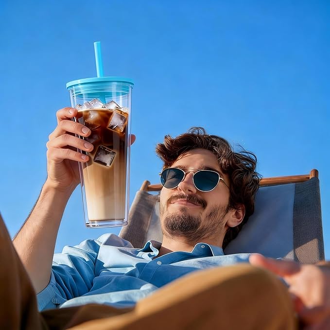 24oz Tumbler with Lid and Straw, Leak Proof and Double Wall Insulated Reusable Plastic Cups,Travel Reusable Iced Coffee Cup (1, Blue)