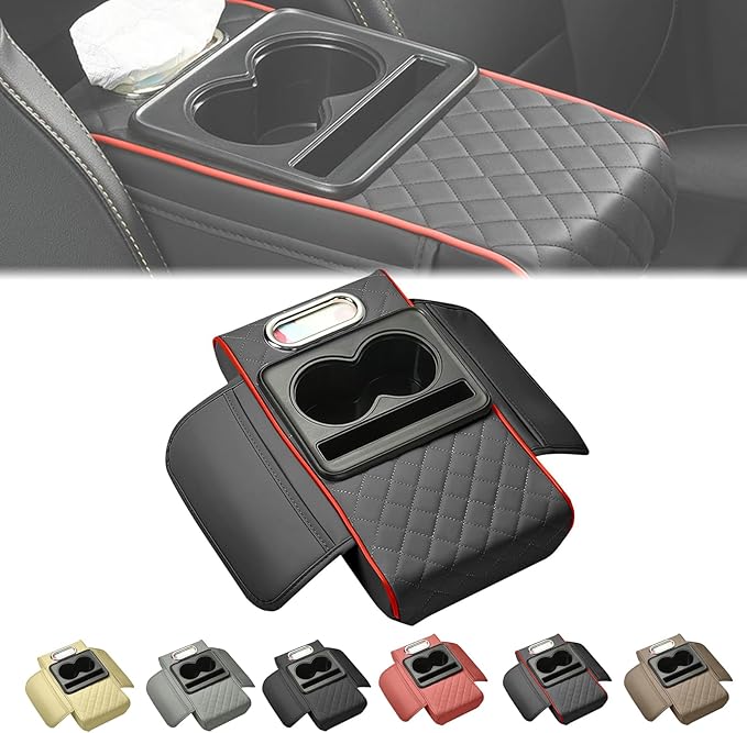 2025 New Auto Center Console Armrest Cushion with 2 Cup Holder, Car Center Console Armrest Pillow, Memory Foam Arm Rest Box Protector for Most Vehicles, Car Accessories (Black-B)