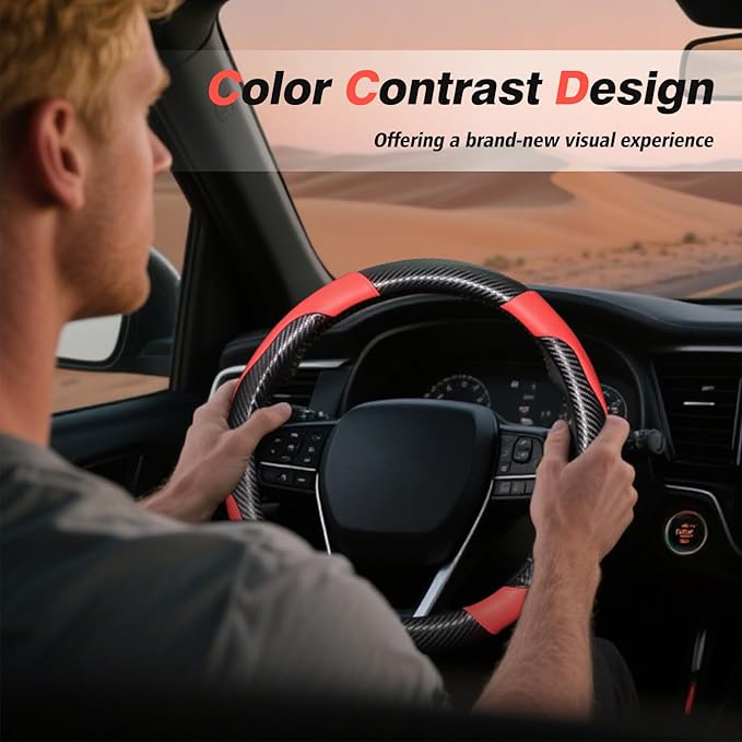 ZHOL Carbon Fiber Leather Car Steering Wheel Cover, Non-Slip, Safe, Breathable, Durable, Full Coverage, Sporty Style (Black and Red)
