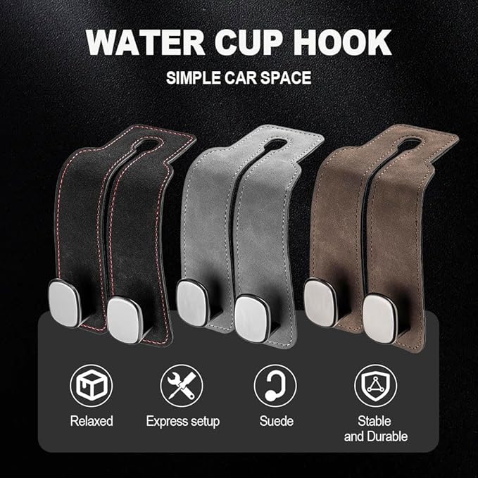 2026 New 2 in 1 Car Seat Back Storage Hook, Car Backseat Organizer Accessories, Premium Leather Headrest Hook for Auto Hooks Organizer for Handbag Purse Coat Bags (1, Grey)