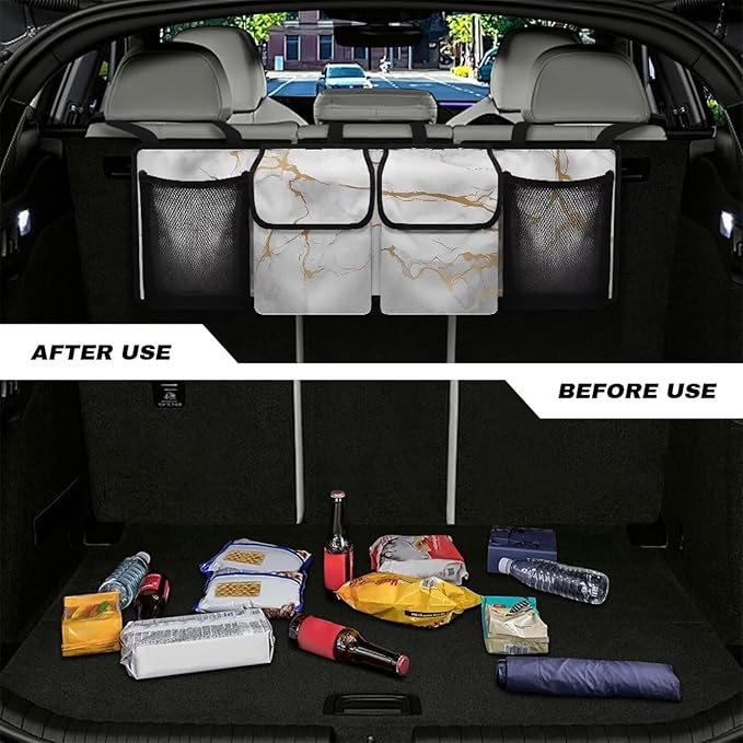 Car Trunk Organizer, White Marble Large Capacity Auto Backseat Hanging Storage Bag with Adjustable Strap & 4 Pockets, Space Saving Car Back Seat Cargo Bag, Car Interior Accessories