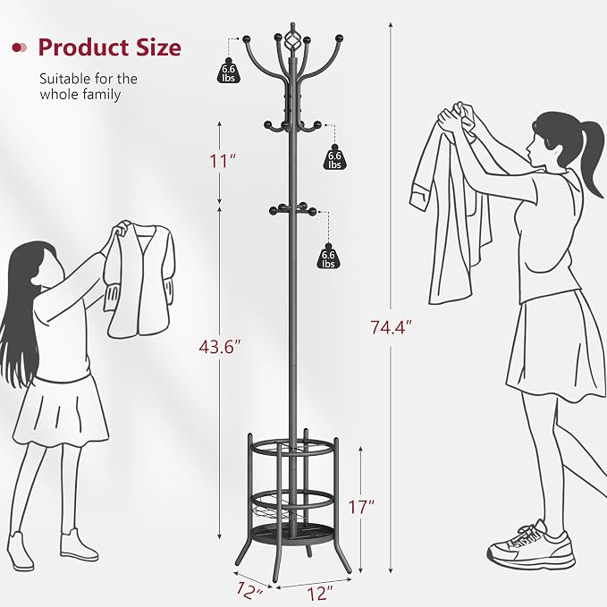 Tajsoon Coat Rack with Umbrella Holder, Coat Tree Freestanding, Coat Rack Stand with 16 Hooks, Coat Stand for Living Room, Bedroom, Office, Grey