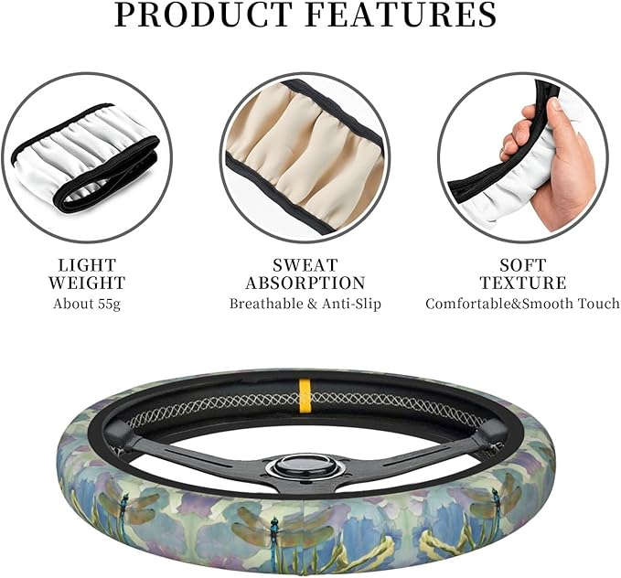 Floral Dragonfly Neoprene Steering Wheel Covers Women Men Car Accessories, Universal 15 Inch Fit Auto, Suvs, Truck