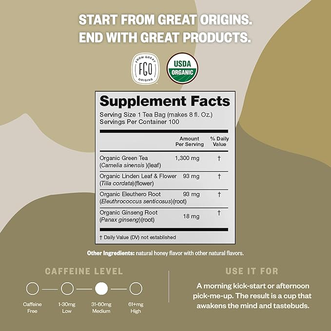 FGO Organic Honey Ginseng Green Tea, 20 Count, Eco-Conscious Tea Bags, Resealable Bag, Packaging May Vary (Pack of 1)
