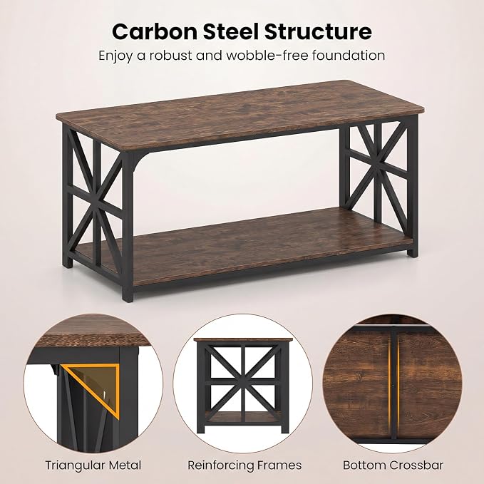Giantex Farmhouse Coffee Table, 43" Center Table with Storage & X-Shaped Frames, 2-Tier Modern Accent Cocktail Tea Table, Rectangular Wooden Living Room Tables for Small Spaces, Rustic Brown
