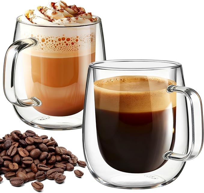12 OZ Glass Coffee Mug Pack of 2, Double Wall Glass Mug with Handle Insulated Clear Glass Coffee Cup for Espresso, Cappuccino, Latte, Americano, Tea