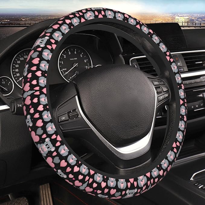 Cute Koalas Hearts Pattern Neoprene Steering Wheel Covers Women Men Car Accessories, Universal 15 Inch Fit Auto, Suvs, Truck