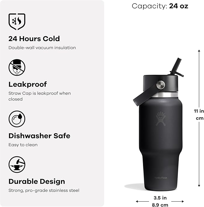 Hydro Flask Travel Water Bottle - Insulated Stainless Steel - Wide Straw Lid, Non Spill, Leakproof in 24 Oz Shale Gray