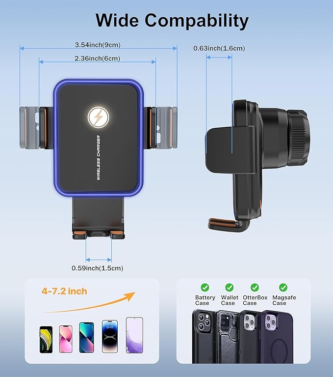 Car Mount Charger, 15W Fast Charging Auto Clamping Wireless Car Charger with 7-Color LED Lights, Air Vent Phone Holders for Your Car Accessory for iPhone Air 17 Pro Max 16 15 14 13 12, Galaxy S25