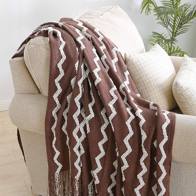 BOURINA Fluffy Chenille Knitted Fringe Throw Blanket Lightweight Soft Cozy for Bed Sofa Chair Throw Blankets, Brown 60"x80"