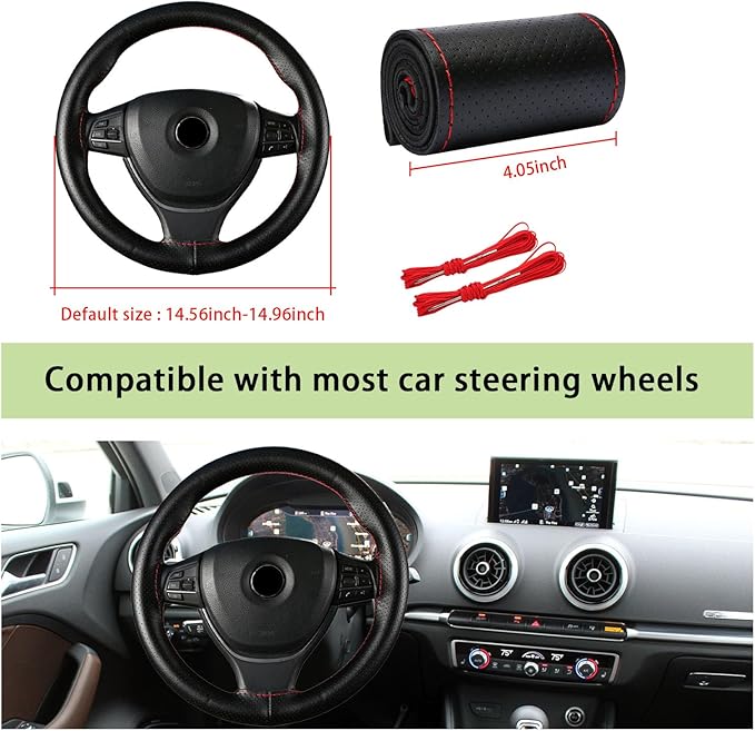 Kewucn Genuine Leather Steering Wheel Cover, 15" Universal Car Steering Wheel Protector with Needle Thread, Breathable Anti-Slip Steering Wheel Cover DIY Stitch on Wrap (Black & Red, Full Hole)