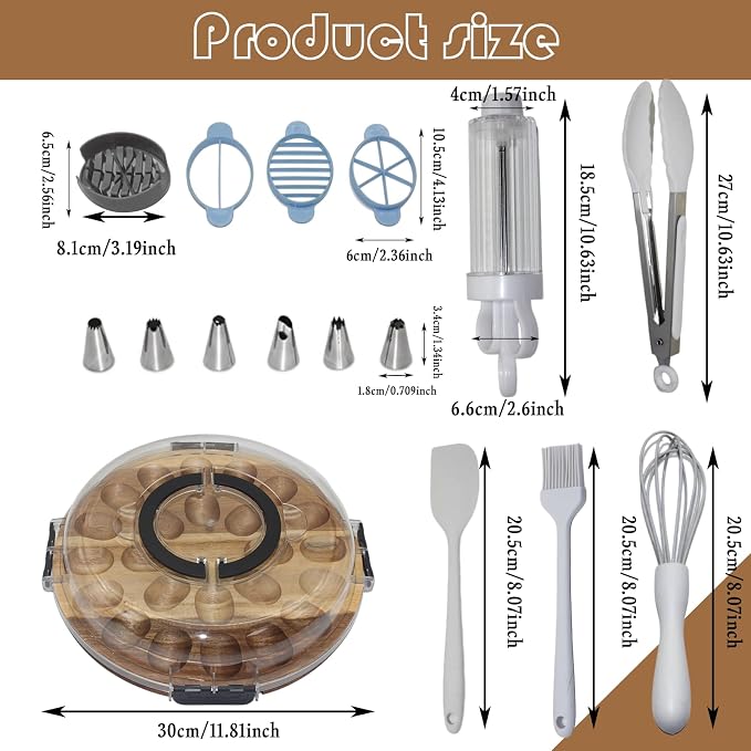 Deviled Egg Containers with Lid, 2026 Upgraded Acacia Wood Deviled Egg Platter – 24 Holes Round Tray with Egg Slicer, Piping Tips & Mini Tongs, Complete Deviled Eggs Carrier Set for Easter Party