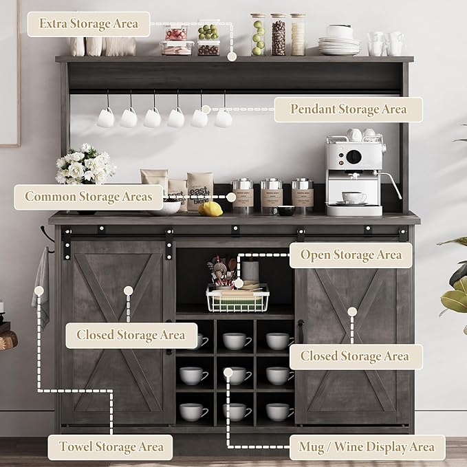 4ever2buy Farmhouse Coffee Bar Cabinet with Hutch, 47 Inch Wine Bar with Storage, Buffet Cabinet with Adjustable Shelves & 9 Wine Racks, Kitchen Buffet Cabinet for Dining Living Room, Grey