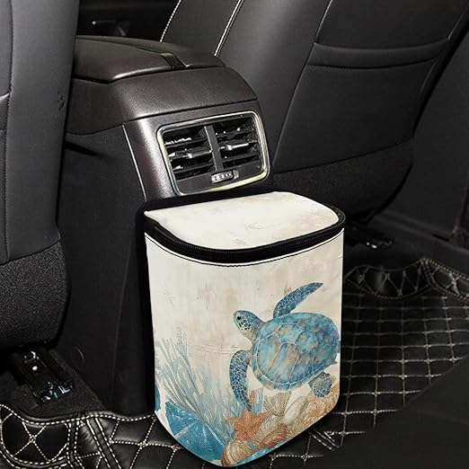 Car Accessories Back Seat Multipurpose Cars Trash Can with Lid, Leak Proof Waterproof Hanging Cars Garbage Can for Road Trip Travel, Turtle Starfish Print
