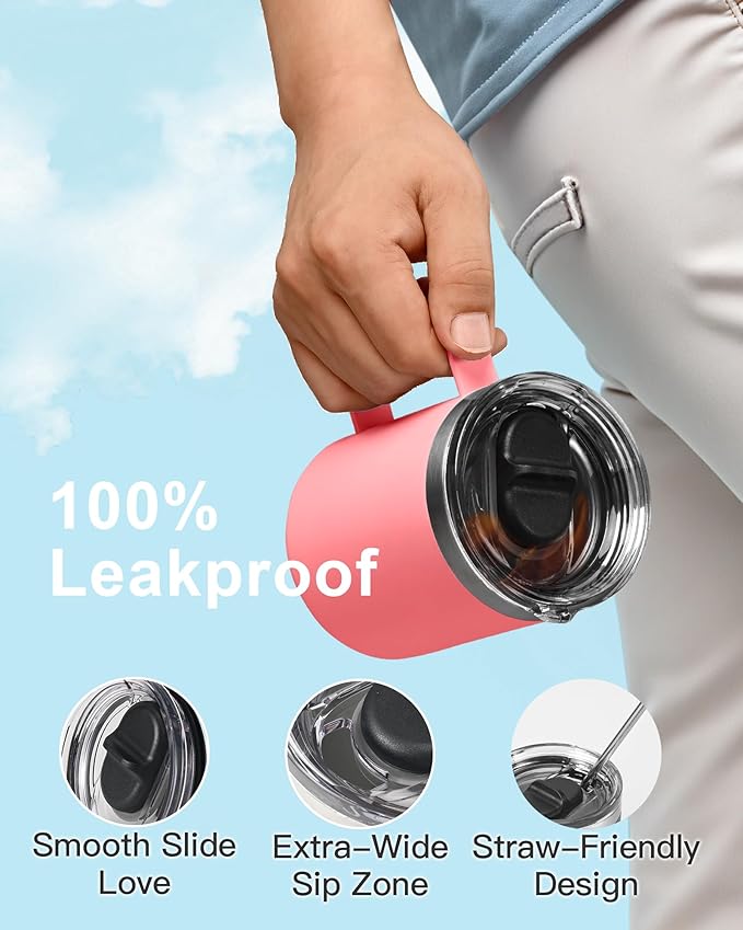 Insulated Coffee Mug 12 oz, Double Wall Stainless Steel Coffee Mug with Lids, Leak-Proof & Detachable Slider Lid for Thorough Clean, Keeps Coffee Cold for 9 Hrs, Suitable for Camp Home Office