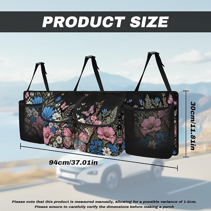 Car Trunk Organizer, Large Auto Backseat Hanging Organizer, Thick Backseat Storage Bag with Pockets, Car Trunk Tidy Storage Bag with Lids Decoration,Black Floral Butterfly Garden