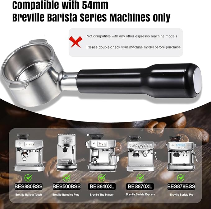 54mm Bottomless Portafilter for Breville Barista Express 18g Filter Basket Fit Breville 54mm Espresso Machines (BES870XL 880BSS 878BSS 840XL 500BSS 450BSS Duo Temp Pro) Black Portafilter