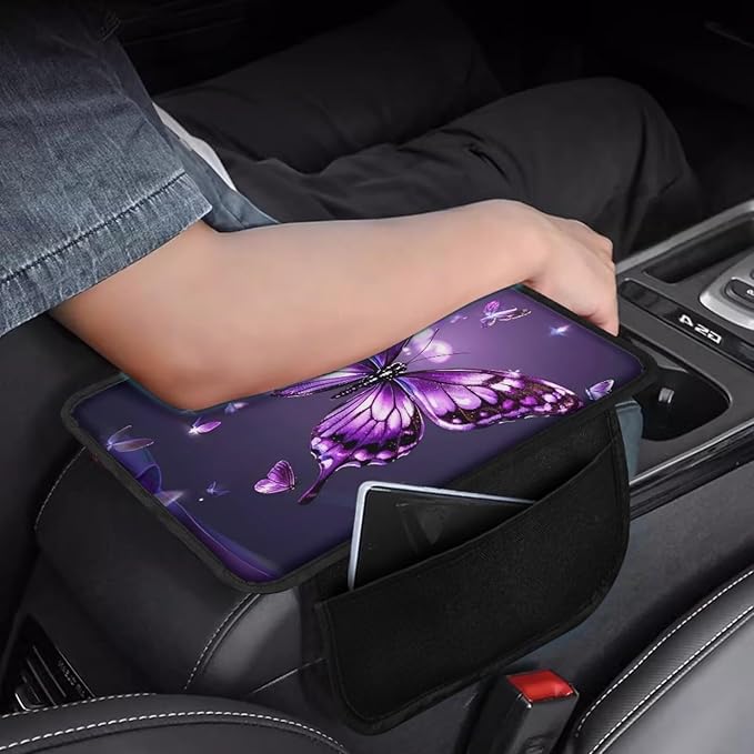 BIGCARJOB Butterfly Printed Car Center Console Cover with Side Storage Cute Auto Armrest Seat Box Cover,Non-Slip Armrest Cover Cushion Purple Butterfly Car Interior Accessories