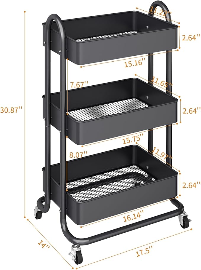 MIOCASA 3-Tier Metal Utility Rolling Cart, Heavy Duty Multifunction Cart with Lockable Casters, Easy to Assemble, Suitable for Office, Bathroom, Kitchen, Garden (Dark Gray, 3-Tier-Metal)