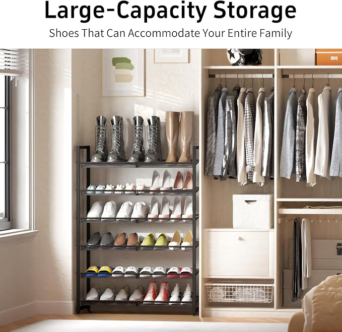 Shoe Rack, 6-Tier Metal Shoe Organizer, Tall Shoe Rack for Closet,entryway,Garage, with Adjustable Flat or Angled Shelves, Holds 18-24 Pairs,Shoes that can accommodate The Whole Family.