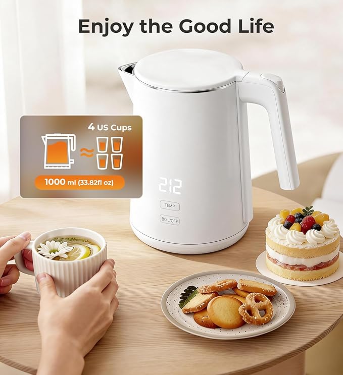 Electric Kettle, 1.0L Fast Boiling with 7 Temperature Settings, Auto Shut-Off & Boil-Dry Protection, Stainless Steel Interior, 4 Hour Keep Warm, Cool Touch Double Wall, Perfect for Coffee & Tea, White