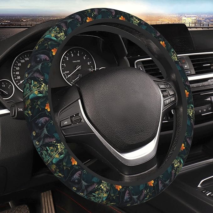 Car Steering Wheel Cover with Anti-Slip Lining, Universal 15 inch Wheel Cover, Fashion Car Interior Accessories for Women Men - Vintage Flower Black Cat