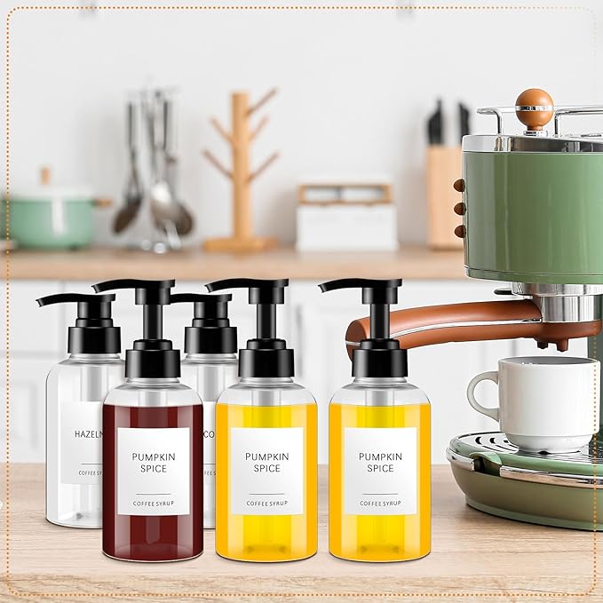 Maxdot 12 Pcs Coffee Syrup Dispenser Bottle with Pump Drink Syrup Container with Labels for Kitchen Restaurant Coffee Bar Accessories Organization, Black(10 Oz)