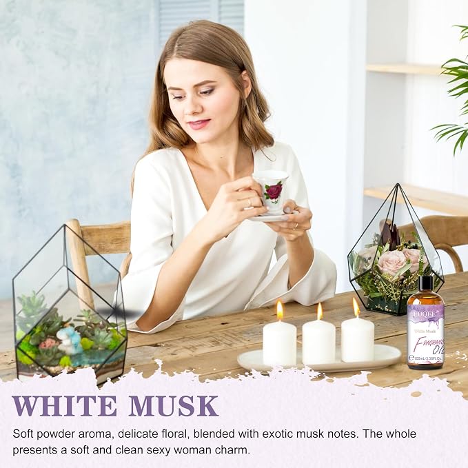 EUQEE 100ML White Musk Fragrance Oil with Glass Dropper, Essential Oil for Diffuser for Home, Bath Bombs, Candle Making, DIY Soap, Perfume Oil for Women (3.38 Fl oz)